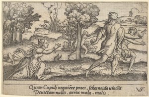 أتالانتا وهيبومينز ، في المقدمة أتالانتا راكعًا لالتقاط تفاحة و ... ، كاليفورنيا. 1535-62.