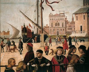 Italy, Venice, Scenes from life of Saint Ursula (from Golden Legend by Jacobus de Voragine) Arrival of English Ambassadors, detail harbour بواسطة فيتوري كارباتشيو