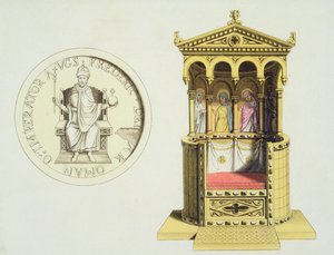 عملة وعرش فريدريك بارباروسا (حوالي 1123-90) من "Le Costume Ancien et Moderne" ، بقلم Jules Ferrario ، المنشور حوالي 1820s-30s (لون ليثو)
