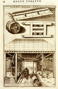 آلية البكرة الهيدروليكية التي يقودها الحصان لنقل البضائع بين الأرض والمياه ، 1607 بواسطة فيتوريو زونكا