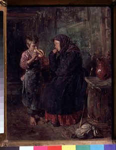 لم الشمل (لم الشمل). أم أتت لزيارة طفلها ، وكانت تسحب العصا والحزمة على الأرض ، وما زالت ترتدي معطفها ووشاحها على رأسها وتلتهم ابنها بعينها وهو يأكل نوعًا من البريوش. هو حافي القدمين