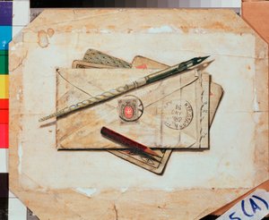 خطاب وأوراق اللعب. باق على قيد الحياة. عمل فلاديمير بافلوفيتش سوكولوف (1860-1913) ، لوحة مائية على ورق. الفن الروسي بواسطة فلاديمير بافلوفيتش سوكولوف