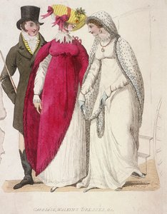 امرأتان ترتديان فساتين المشي برفقة رجل ، c1810