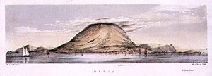 منظر لتشارلستاون في جزيرة نيفيس ، جزر الهند الغربية ، نقش بواسطة هنري سي تريري (من 1849 إلى 1854) ، حوالي عام 1849 (ليثو ملون) بواسطة WS (بعد) أندروز