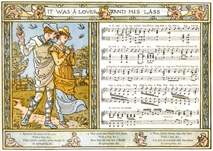 "لقد كان حبيبًا و Lass" ، أغنية توضيحية من "Pan-Pipes" ، كتاب الأغاني القديمة ، مرتب حديثًا ومع المرافقات من Theo. Marzials ، نشر في لندن من قبل جورج روتليدج وأولاده ، 1884 ( بواسطة والتر كرين