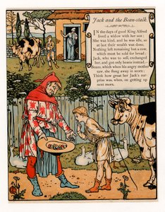 يبيع جاك بقرته مقابل الفاصوليا ، من The Blue Beard Picture Book ، حانة. 1879 طباعة حجرية ملونة ، 1879. بواسطة والتر كرين