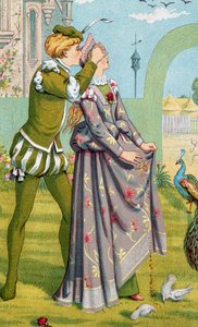 "المفاجأة الرومانسية" صبي صغير يغطي عيني فتاة صغيرة. رسم توضيحي لوالتر كرين (1845-1915) وكيت غريناواي (1846-1901) بواسطة والتر كرين