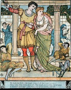 الأمير ينقذ الأميرة ، رسم توضيحي لـ "الجميلة النائمة" لتشارلز بيرولت (1628-1703) (نقش ملون) بواسطة والتر كرين