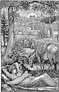 يسافر مع حمار في Cevennes (يسافر مع حمار في Cevennes) بواسطة Robert Louis Stevenson. في المساء ، دري ليكريفين ، خلال توقف ليلي ، بالقرب من دانيسه موديستين. واجهة الطبعة الإنجليزية الأولى (1879) ، خشب والتر كرا بواسطة والتر كرين