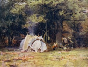 الغابة الجديدة: The Gipsy Camp بالقرب من بيوت الكلاب بين Lyndhurst و Minstead (لون ليثو) بواسطة والتر فريدريك روف تندل