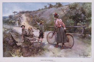 Consulting Authorities: woman out for a cycle ride asking a group of children for directions (colour litho) بواسطة والتر جرانفيل سميث