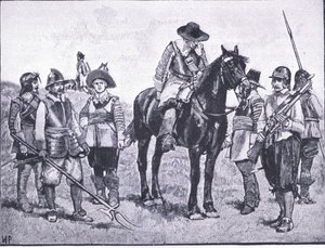 أنواع جنود كرومويل ، رسم توضيحي من تاريخ الشعب البريطاني الذي نشره ويفرلي ، حوالي عام 1940 (ليثو)