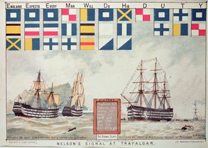 إشارة نيلسون في ترافالغار في عام 1805 ، من `` The Boy&39;s Own Paper &39;&39; لإحياء ذكرى HMS Victory الراسية في بورتسموث ، 1885
