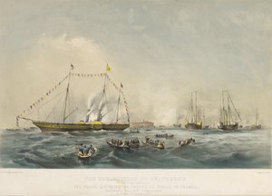 ركوب الأمير فريدريك ويليام الرابع أمير بروسيا (1795-1861) وزوجته إليزابيث من بافاريا (1801-1873) على متن السفينة فيكتوريا وألبرت، في غريفيسند، إنجلترا، في 2 فبراير