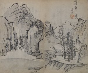 منظر طبيعي بعد Wu Zhen 1280-1354 ، من دليل حديقة بذور الخردل ... ، الطبعة الأولى ، 1679. بواسطة وانغ جاي