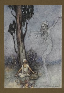 اللوحة 26: "الآن الحلاق ، سأدمرك. من سيحميك؟" ، من Folk-Tales of Bengal ... مع 32 رسمًا ملونًا من Warwick Goble (Edition de luxe.) بواسطة وارويك جوبل