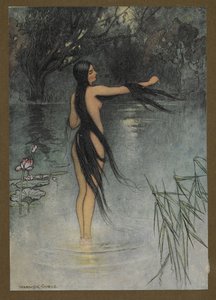 اللوحة 29: "عندما خرجت من الماء ، ما هو التغيير الذي شوهد فيها!" ، من Folk-Tales of Bengal ... مع 32 رسمًا توضيحيًا بالألوان من تصميم Warwick Goble (Edition de luxe.). 1914