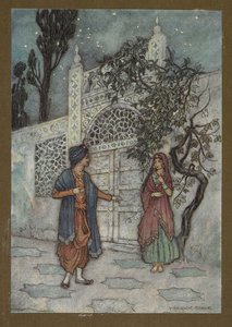اللوحة 2: "أعاد الأمير إحياؤه ورأى وهو يتجول شخصًا بشريًا بالقرب من البوابة" ، من Folk-Tales of Bengal ... مع 32 رسمًا توضيحيًا ملونًا لوارويك جوبل بواسطة وارويك جوبل