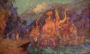 عودة الأبطال الذين قتلوا في معركة ثمانية عشر يومًا ، رسم توضيحي من `` الأسطورة الهندية والأسطورة &39;&39; لدونالد أ.ماكينزي ، نُشر عام 1913 بواسطة وارويك جوبل