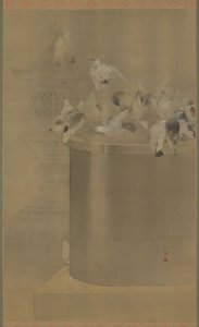 الحمام في Senjoji (معبد أساكوسا كانون) ميجي إيرا ، 1877 (حبر ولون على الحرير) بواسطة واتانابي باجي