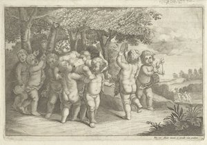 الأولاد الصغار الذين يصنعون الموسيقى ويرقصون يرتدون المهر بواسطة Wenceslaus Hollar (رفض الإسناد)