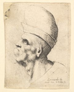 تمثال نصفي لرجل مشوه يرتدي قبعة بصليّة الشكل على اليسار ، 1625-1677. بواسطة وينسلوس هولار