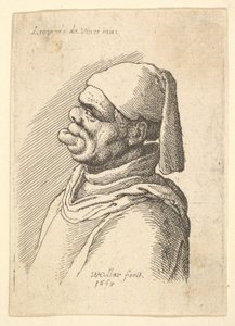 تمثال نصفي لرجل مشوه بقبعة وشفة سفلية بارزة في الجانب إلى اليسار ، 1625-1677. بواسطة وينسلوس هولار