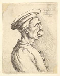 تمثال نصفي لرجل ذو أنف مسطح وفم بارز ، يرتدي قبعة مسطحة ومعطف بأزرار في ... ، 1660. بواسطة وينسلوس هولار