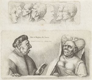 إفريز مع رؤساء الدراسة / رسوم كاريكاتورية لملك وملكة تونس Rex et Regina de Tunis (العنوان على الكائن) Varie figurae et probae (عنوان المسلسل) رسوم كاريكاتورية ورؤوس وتشوهات بعد ليوناردو دافنشي (عنوان المسلسل)