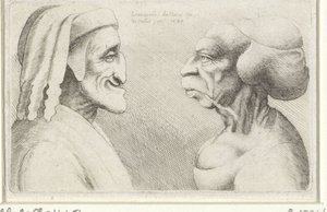 رأس كاريكاتير مشوه لرجل بقبعة (دانتي؟) وامرأة Varie figurae et probae (عنوان المسلسل) رسوم كاريكاتورية ورؤوس وتشوهات بعد ليوناردو دافنشي (عنوان المسلسل) بواسطة وينسلوس هولار