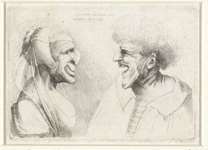 رؤوس مشوهة لرجل وامرأة يضحكان بغطاء للرأس Varie figurae et probae (عنوان المسلسل) رسوم كاريكاتورية ورؤوس وتشوهات بعد ليوناردو دافنشي (عنوان المسلسل) بواسطة وينسلوس هولار