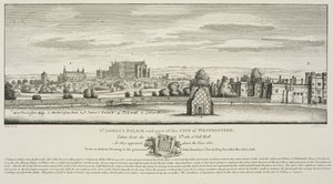 قصر سانت جيمس وجزء من مدينة ويستمنستر من الجانب الشمالي من بال مول في عام 1660 ، نقشها ريتشارد سوير ، نُشر عام 1809 بواسطة وينسلوس هولار