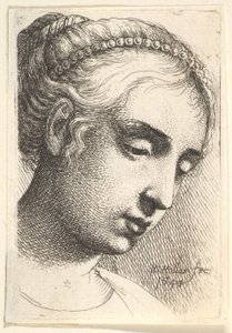 امرأة بسلسلة من اللؤلؤ في شعرها تنظر لأسفل إلى اليمين ، 1645. بواسطة وينسلوس هولار