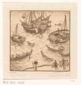 سفن في خليج على الساحل الشرقي من لومبوك المغادرة ، لومبوك (العنوان الأصلي) بواسطة Wijnand Otto Jan Nieuwenkamp (توقيع الفنان)