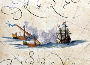 معركة بين اثنين من القوادس و caraque. أطلس بواسطة ويليم جانزون بلاو (1571-1638) بواسطة ويليم بلاو