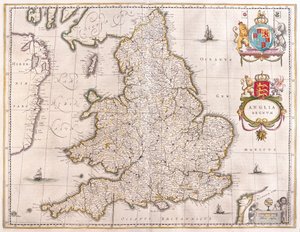 إنجلترا، في كتاب "Theatrum Orbis Terrarum, sive Atlas Novus" لويليم بلاو، أمستردام