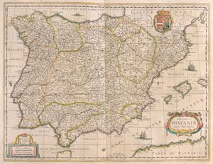 شبه الجزيرة الإيبيرية، في كتاب "Theatrum Orbis Terrarum, sive Atlas Novus" لويليم بلاو، أمستردام بواسطة ويليم بلاو