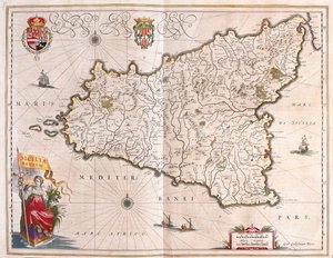 جزيرة صقلية، إيطاليا، في كتاب "Theatrum Orbis Terrarum, sive Atlas Novus" لويليم بلاو، أمستردام
