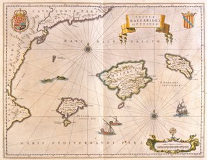 مايوركا، ومينوركا، وإيبيزا، بما في ذلك سواحل كاتالونيا وفالنسيا، في "Theatrum Orbis Terrarum, sive Atlas Novus" لويليم بلاو، أمستردام بواسطة ويليم بلاو