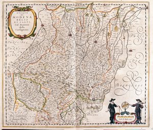 مودينا وريجيو إيميليا وكاربي ونهاية جزء من غارفاغنانا بإيطاليا، في "Theatrum Orbis Terrarum, sive Atlas Novus" لويليم بلاو، أمستردام بواسطة ويليم بلاو