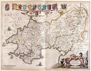 بيمبروكرشاير وكارمارتنشاير، في "Theatrum Orbis Terrarum, sive Atlas Novus" لويليم بلاو، أمستردام بواسطة ويليم بلاو