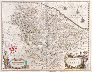 بيسارو وأوربينو بإيطاليا، في "Theatrum Orbis Terrarum, sive Atlas Novus" لويليم بلاو، أمستردام بواسطة ويليم بلاو
