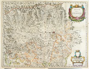 بيمونت ووادي أوستا وليغوريا، إيطاليا، في "Theatrum Orbis Terrarum, sive Atlas Novus" لويليم بلاو، أمستردام بواسطة ويليم بلاو