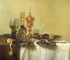 حياة ساكنة مع النظارات واللوحات والطعام ، 1638