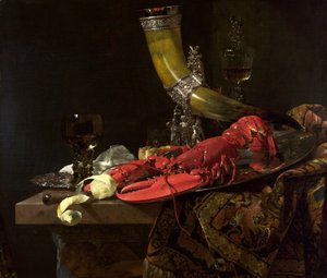 لا تزال الحياة مع القرن الشارب من نقابة رماة القديس سيباستيان ، وجراد البحر والنظارات ، حوالي 1653 (زيت على قماش) بواسطة فيليم كالف
