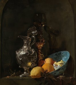 لا تزال الحياة مع إبريق فضي ووعاء من البورسلين. 1655-60 بواسطة فيليم كالف