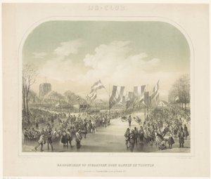 مسابقة التزلج نادي الجليد / سباق التزلج الذي أقامه الرجال والنساء في ليوواردن في 22 فبراير 1855 (العنوان على الجسم) بواسطة بي بلومرز (Steendrukkerij van)
