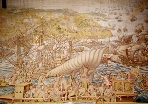 Conqueence of Tunis بواسطة الإمبراطور شارل الخامس: مقر جوليت في عام 1535. تفاصيل نسيج بقلم ويليم دي بانميكر (نشط حوالي 1535-1554) 1554 ألكازار دي إشبيلية