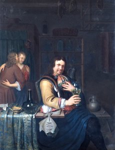 الجزء الداخلي مع مشروب الفارس واحتضان الزوجين ، حوالي 1690-1700 (زيت على لوح من خشب البلوط)