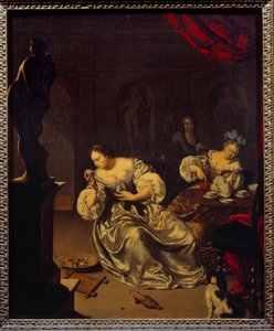 نساء النبلاء الهولنديين يتناولن الشاي. اللوحة بواسطة ويليم فان ميريس (1662-1747) (ec.holl) القرن الثامن عشر. 0،42 × 0،34 م